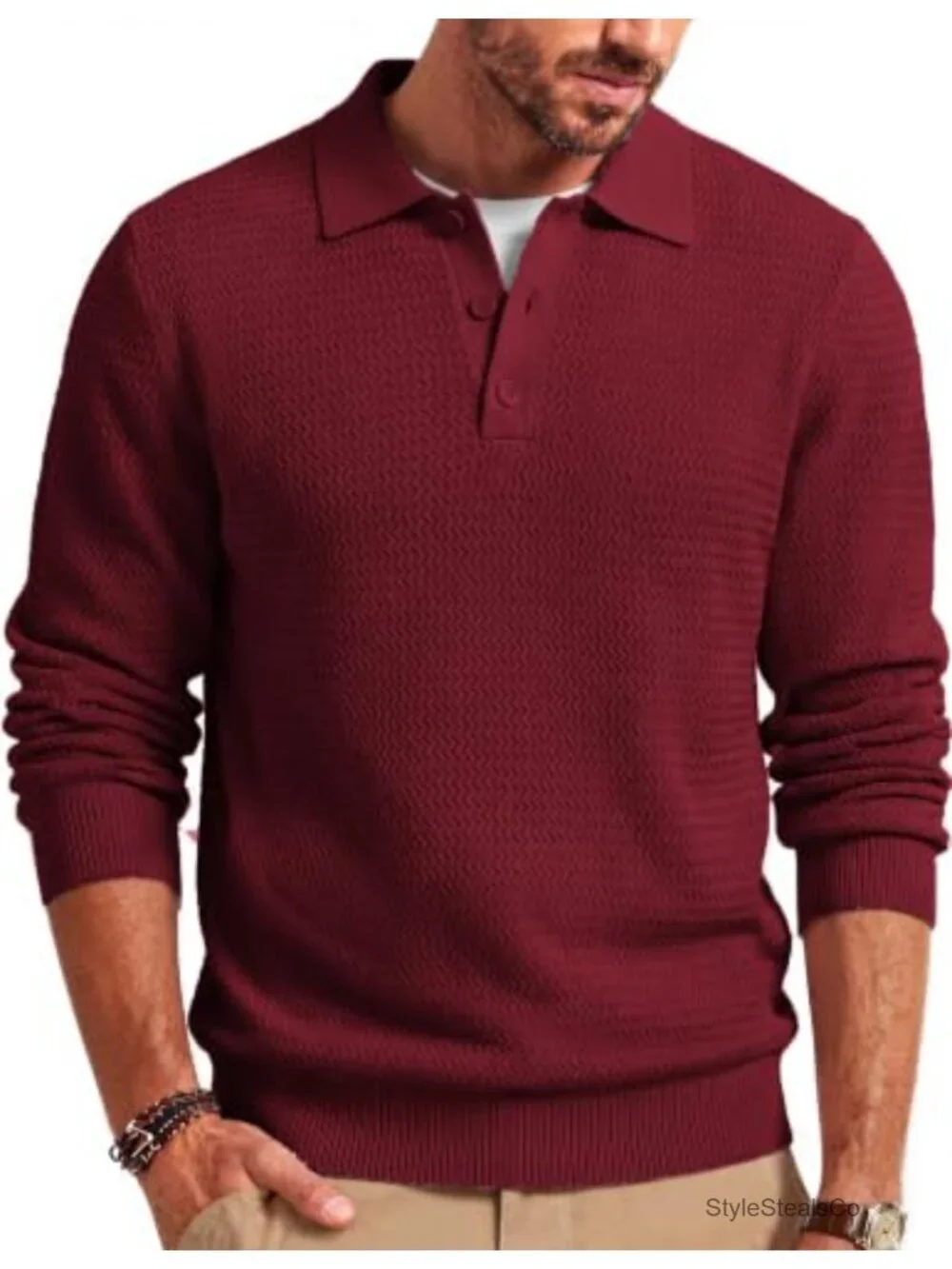Men's Cable Knit Polo Sweater Long Sleeve Button V-Neck Pullover Soft Stretch